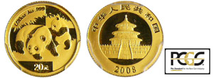 Chine - 20 yuan Panda 2008Au ; -- ; 14 mm
