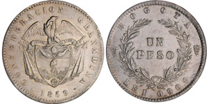 Colombie - 1 peso 1859Ar ; 25.05 gr ; 37 mm