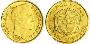 Colombie - 5 pesos 1916 (Medellin)Au ; 7.96 ... 