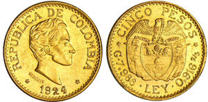 Colombie - 5 pesos 1924 (Medellin)Au ; 7.98 ... 
