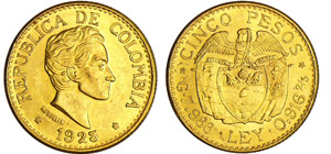 Colombie - 5 pesos 1925 (Medellin)Au ; 7.99 ... 