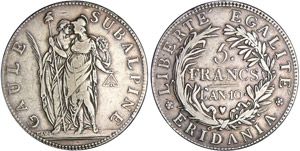Italie - Gaule subalpine - 5 francs AN 10Ar ... 