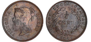 Straits Settlements - 1/4 de cent 1845Br ; ... 