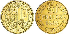 Suisse - Genève - 20 francs 1848Au ; 7.62 ... 