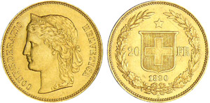 Suisse - 20 francs 1890Au ; 6.43 gr ; 21 mm