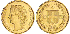 Suisse - 20 francs 1891Au ; 6.45 gr ; 21 mm