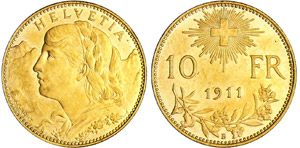 Suisse - 10 francs 1911Au ; 3.24 gr ; 19 mm