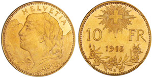 Suisse - 10 francs 1913Au ; 3.24 gr ; 19 mm