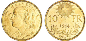 Suisse - 10 francs 1914Au ; 3.22 gr ; 19 mm