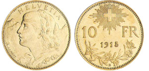 Suisse - 10 francs 1915Au ; 3.21 gr ; 19 mm