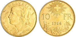 Suisse - 10 francs 1916Au ; 3.23gr ; 19 mm