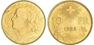 Suisse - 10 francs 1922Au ; 3.20 gr ; 19 mm