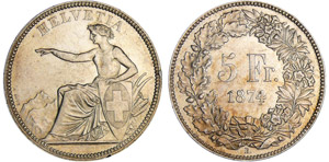 Suisse - 5 francs 1874 B. (Bruxelles)Ar ; ... 