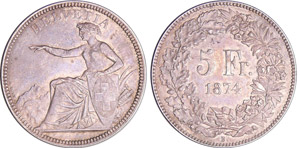 Suisse - 5 francs 1874 B. (Bruxelles)Ar ; ... 