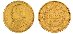 PIO IX  (1846-1878)  20 Lire 1866 ... 