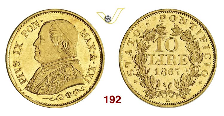  - PIO IX  (1846-1878)  10 Lire ... 
