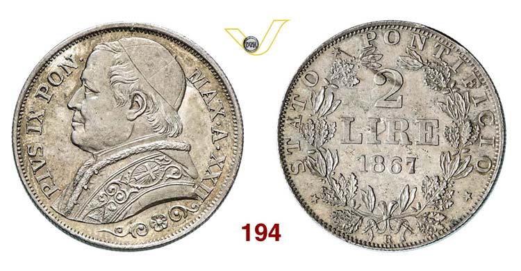 - PIO IX  (1846-1878)  2 Lire ... 