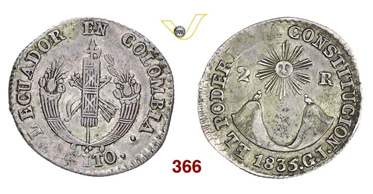 ECUADOR - 2 Reales 1835 GJ.   Kr. ... 
