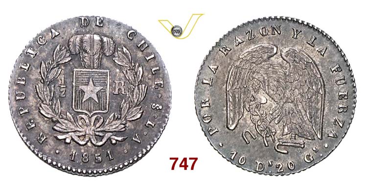 CHILE - 1/2 Real 1851 So, ... 