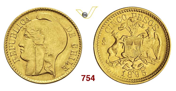 CHILE - 5 Pesos 1895 So, Santiago. ... 