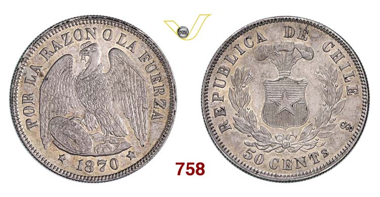 CHILE - 50 Centavos 1870.   Kr. ... 
