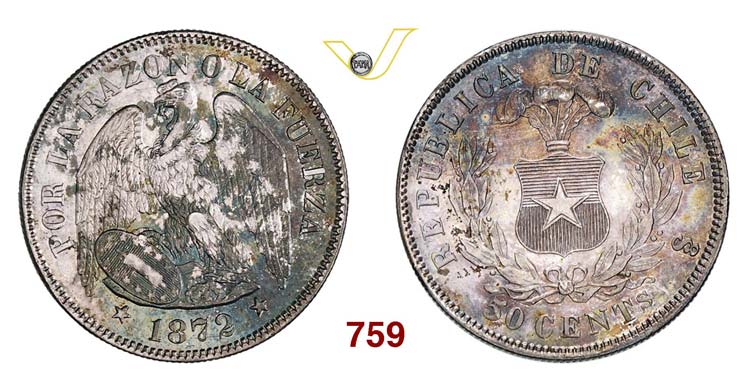 CHILE - 50 Centavos 1872.   Kr. ... 
