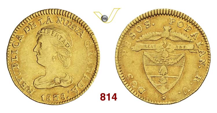 COLOMBIA - 2 Pesos 1838 Popayan, ... 