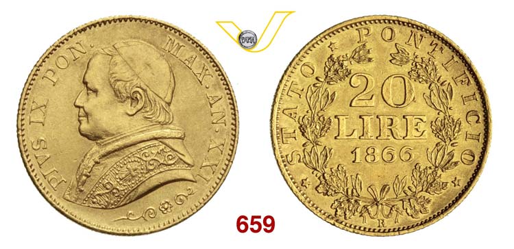 PIO IX  (1846-1878)  20 Lire 1866 ... 