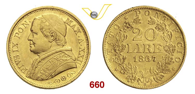 PIO IX  (1846-1878)  20 Lire 1867 ... 