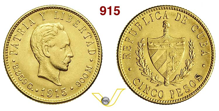 CUBA      5 Pesos 1915.   Kr. 19   ... 