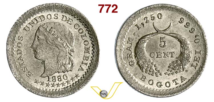 COLOMBIA -     5 Centavos 1880, ... 