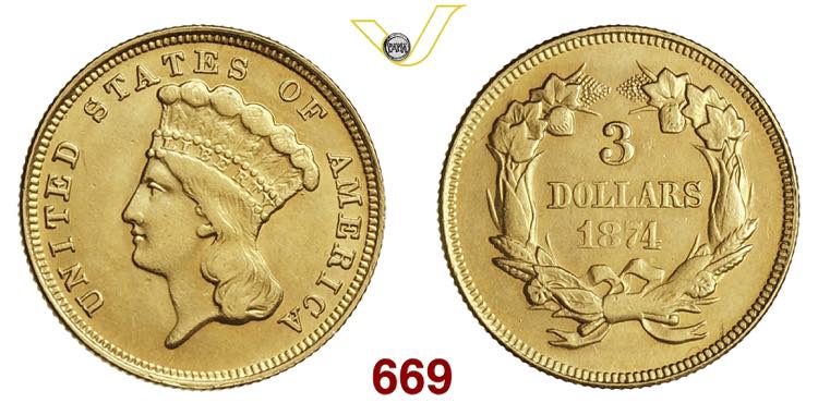 U.S.A.  3 Dollari  1874  ... 