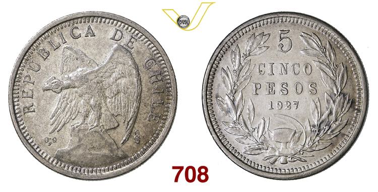 CILE  REPUBBLICA  5 Pesos  1927  ... 