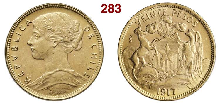 CHILE  REPUBLIC  20 Pesos 1917  Au ... 