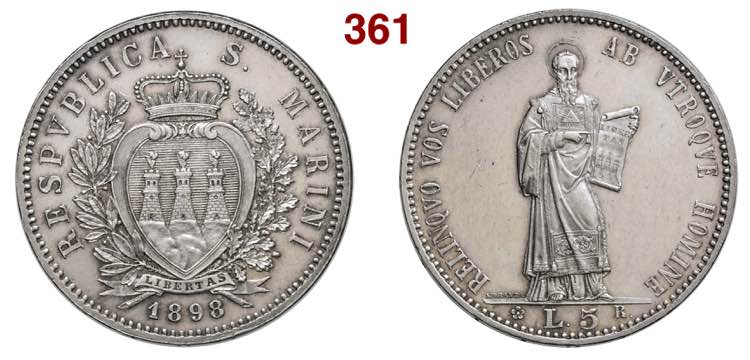 SAN MARINO  REPUBLIC  5 Lire 1898  ... 