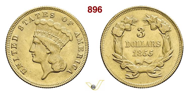 USA  3 Dollari 1855   Fb.  124   ... 