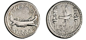 MARCANTONIO  (32-31 a.C.)  Denario, leg. V. ... 
