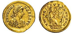 ONORIO  (393-423)  Semisse, Mediolanum.  D/ ... 