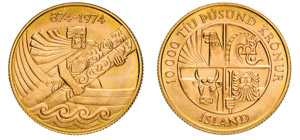 ISLANDA10000 Kronor 1974.   Kr. 9   Au  FDC  