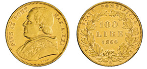 PIO IX  (1846-1878)  100 Lire 1866 XXI, ... 
