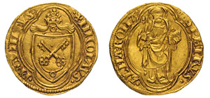 NICOLO V (1445-1455) Ducato s.d. D/ Stemma ... 