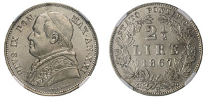 PIO IX (1846-1878) 2 Lire e mezzo 1867 XXI, ... 
