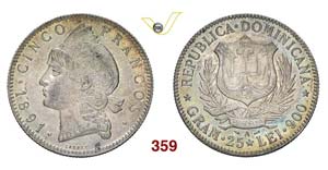 DOMINICAN REPUBLIC - 5 Francos 1891 A.   Kr. ... 