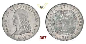 ECUADOR - 5 Francos 1858 GJ.   Kr. 39   Ag   ... 