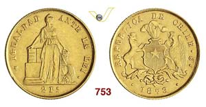 CHILE - 2 Pesos 1873 So, Santiago.   Kr. 143 ... 