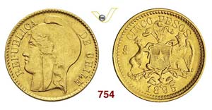 CHILE - 5 Pesos 1895 So, Santiago.   Kr. 153 ... 
