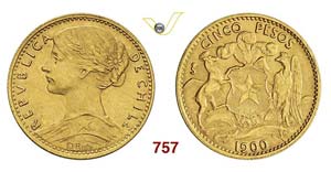 CHILE - 5 Pesos 1900 So, Santiago.   Kr. 159 ... 