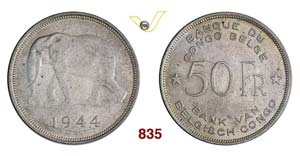 CONGO BELGA - 50 Franchi 1944.   Kr. 27   Ag ... 