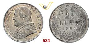 PIO IX  (1846-1878)  2 Lire e mezzo 1867 ... 