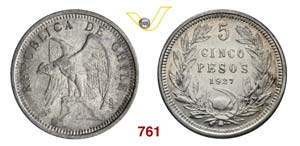 CILE  REPUBBLICA    5 Pesos 1927.   Kr. ... 